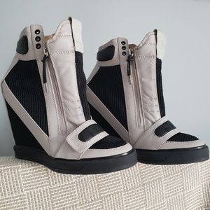 L.A.M.B. Black and White Wedge Sneakers